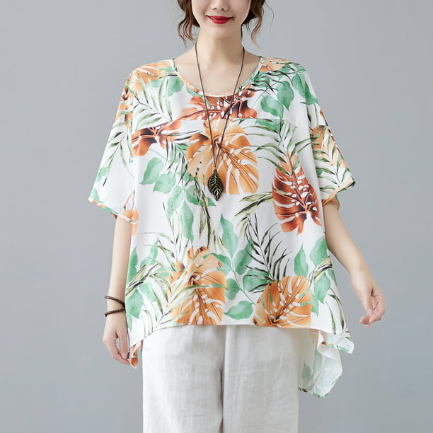 Irregular Floral Print T-Shirt Women Batwing Sleeves Causal Blouse Tunic Top 